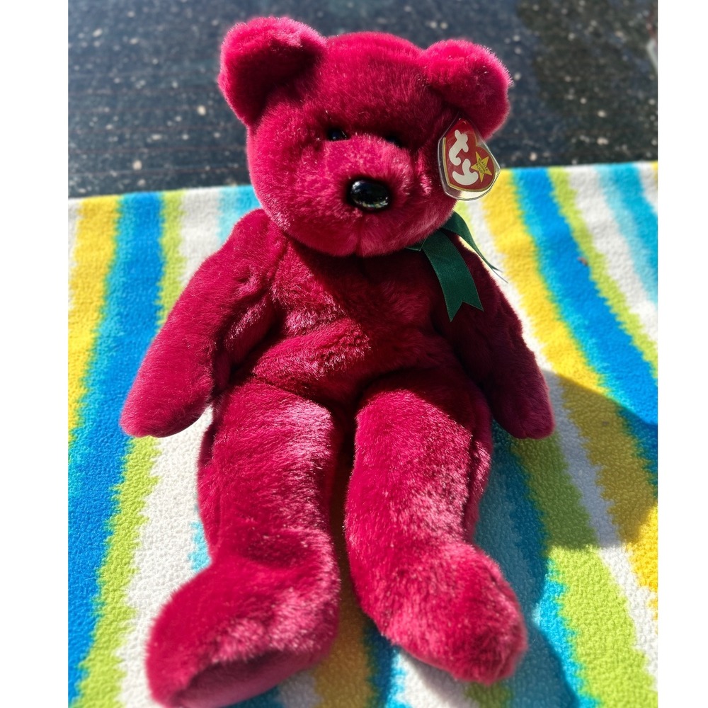 Ty Beanie Buddy Teddy Bear Large Cranberry Red 1998 Excellent Green Ribbon Plush